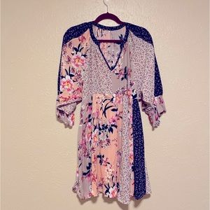 OS Cottage Core Puff Sleeve Patchwork Babydoll Swing Dress